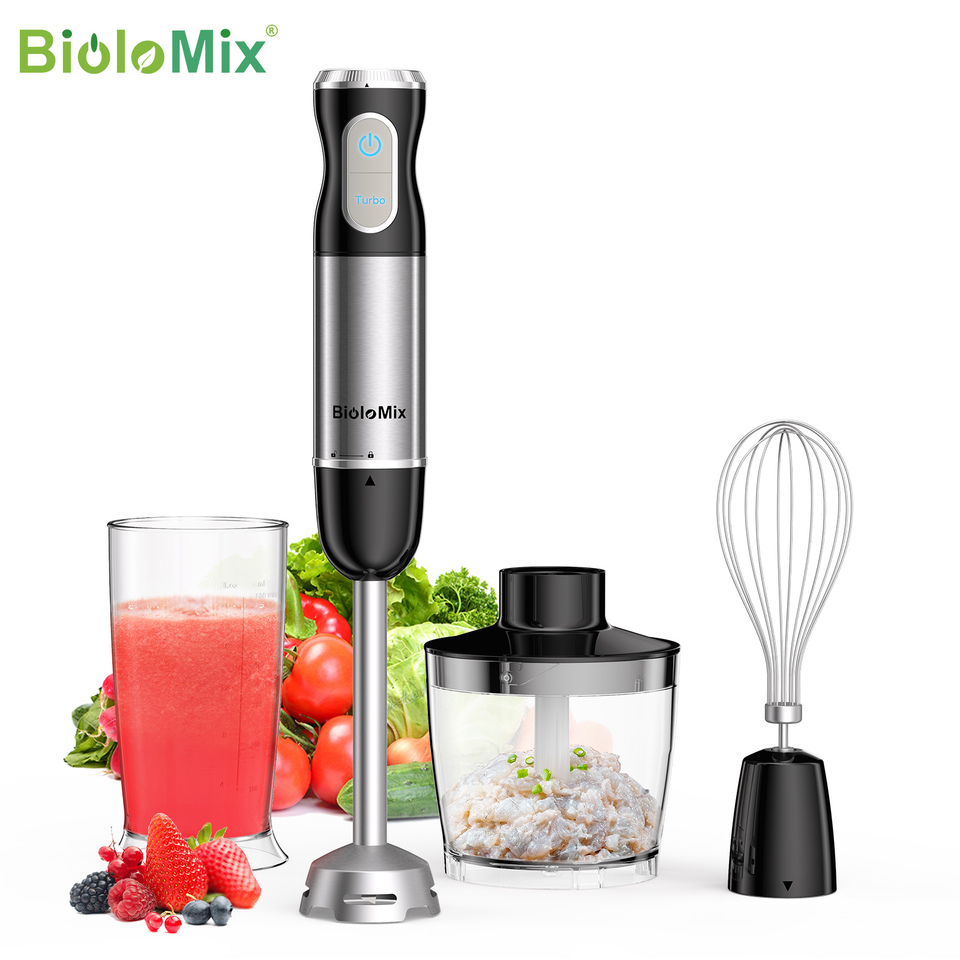 BioloMix 1000W 4-in-1 Immersion Hand Blender Black with 500ml Chopper Whisk 600ml Smoothie Cup Vegetable Meat Grinder Function