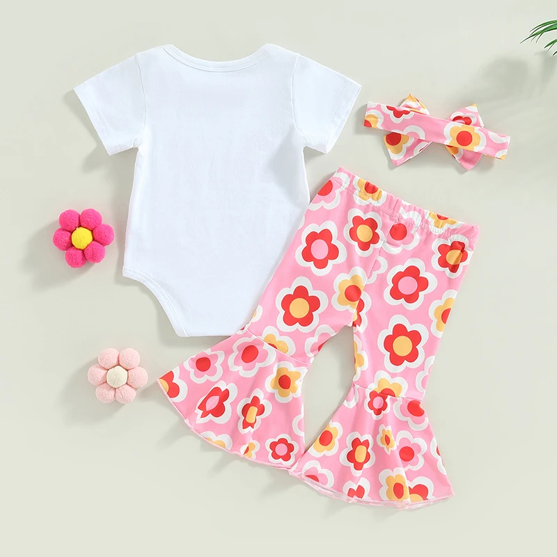 Description Picture 3 of itemBaby Girls Pants Set Short Sleeve Letters Print Romper with Flower Fish Scale Print Flare Pants and Headband