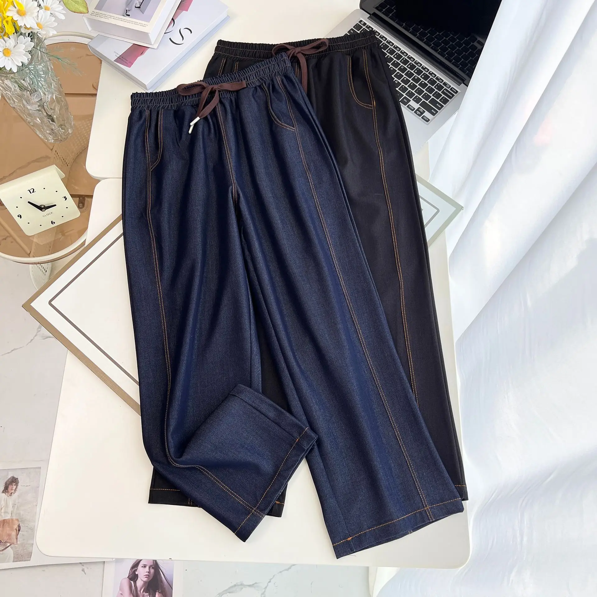 Fashion Plus Size Women's Jeans 2025 Autumn New Style Drawstring Elastic Waistline Lyocell Casual Bright Line Harem Pants 8592