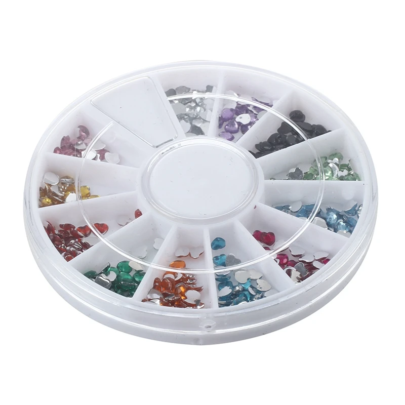 

600Pcs 2Mm 12 Colors Glitter Heart Nail Art UV Acrylic Tips Rhinestones Wheel