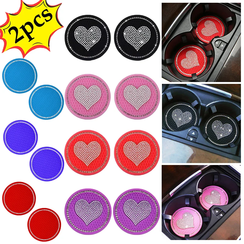Cup Holder Coasters Car Coaster Pads 2Pcs Universal Car Heart Shape Diamond Coaster Popular Water Cup Pad Non-Slip Mat Silica Pads Auto Interior Decor Accessories