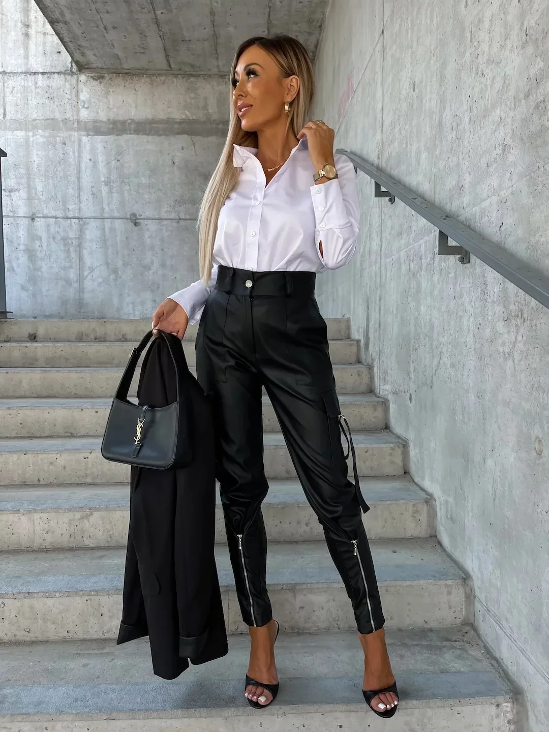 Chic Fashion Button PU Leather Pants Women Spring Bottoming Zip-up Split Trousers Autumn Pockets Slim Bandage Pencil Pants Mujer