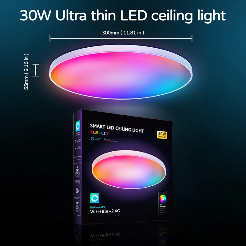 Ultra Thin Smart LED Ceiling Light with Audio Music Play - Round Chandelier, 24W/30W, Bluetooth & WiFi Enabled Indoor Lamp