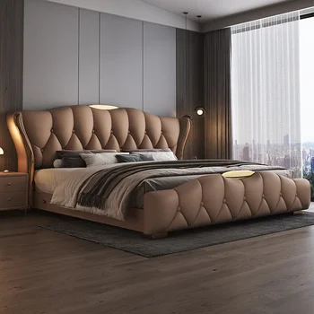 Bedroom Furniture Modern Leather Double Bed Headboard Frame Cama De Casal King Bed 150X200 Wood Shelve Luxury Modern