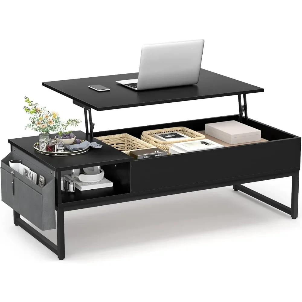 

Lift Top Coffee Table with Storage, Wood Lifting Top Central Table, with Side Pouch, Modern Adjustable Table for Living Room