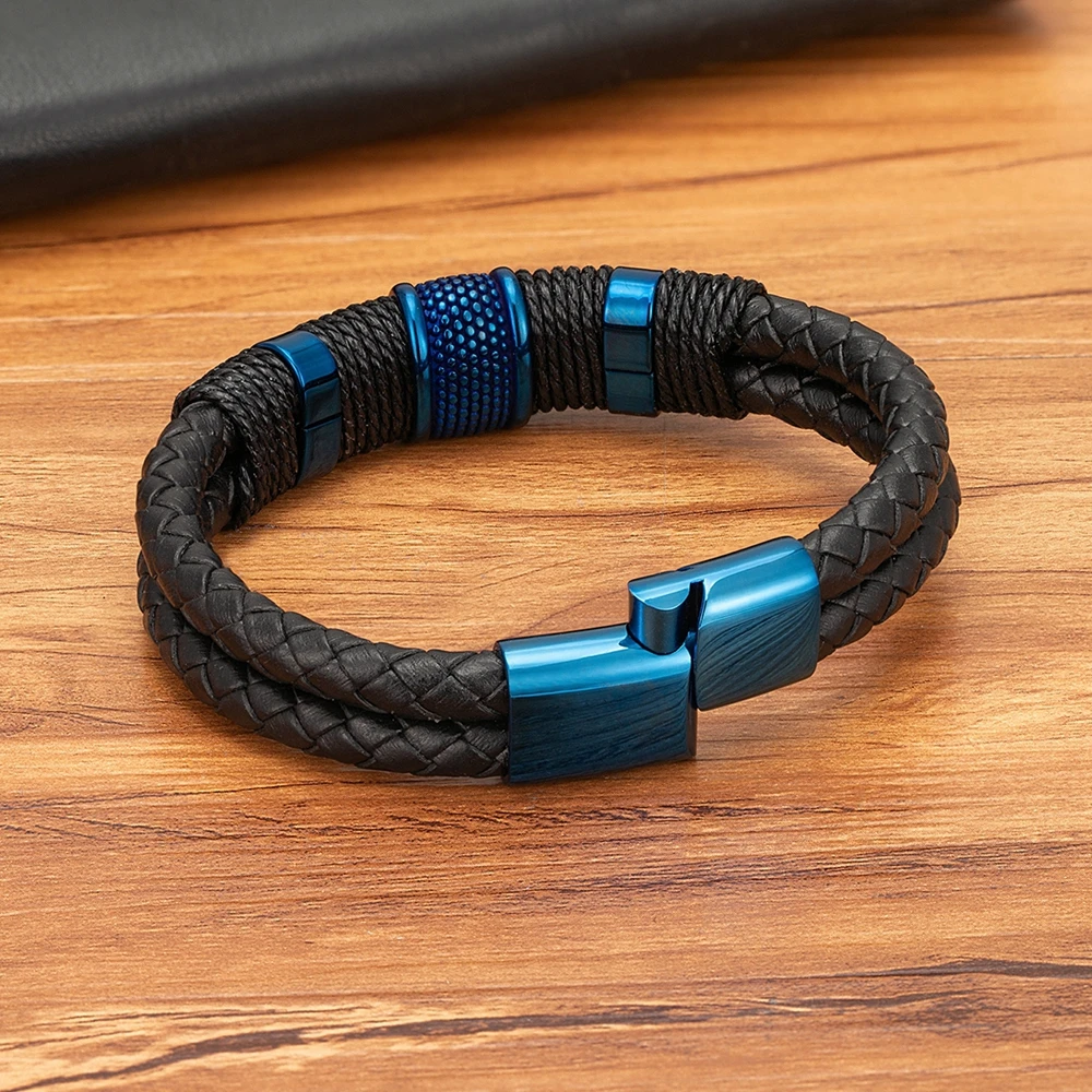 Black Blue Braided Leather Bracelet for Men Stainless Steel - Image 3