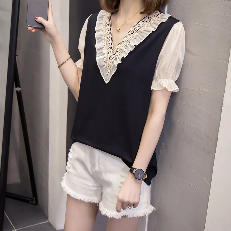 

2022 Summer New Fashion Women Korean Version V-neck Short-sleeved Pullover T-shirt Fashion Boutique Clothing