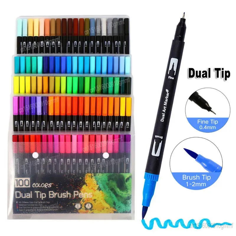 100 Color Set Dual Tip Art Marker Watercolor Brush Fineliner Pen Comics Sketch Drawing Painting Double Head Fine Line Stationery