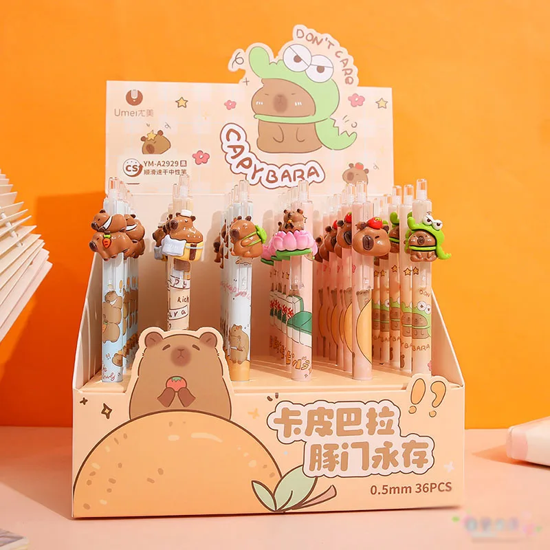 

36 pcs/lot Kawaii Capybara Press Gel Pens For Writing Cute 0.5mm Black Ink Signature Pens Stationery Kids Gift School Supplies