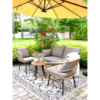 4 Pieces Patio Furniture Set, Outdoor All-Weather Rattan Conversation Set with Loveseat Chairs Table Soft Cushions for Backyard 2