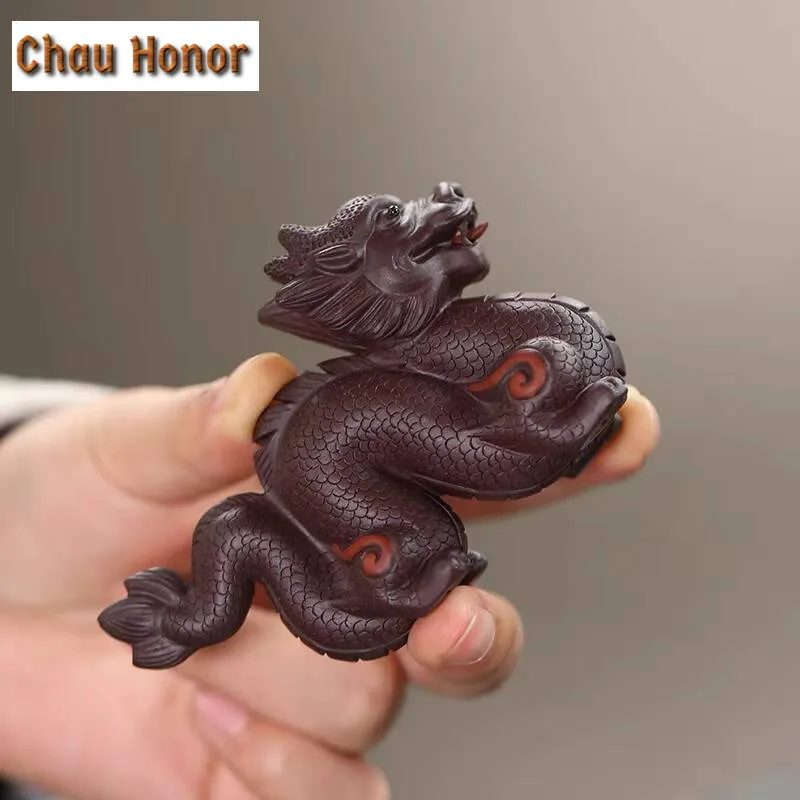 Yixing Purple Clay Tea Pet Lucky Zodiac Dargon Statue Ornaments Handmade Tea Figurine Crafts Chinese Zisha Tea Set Decoration
