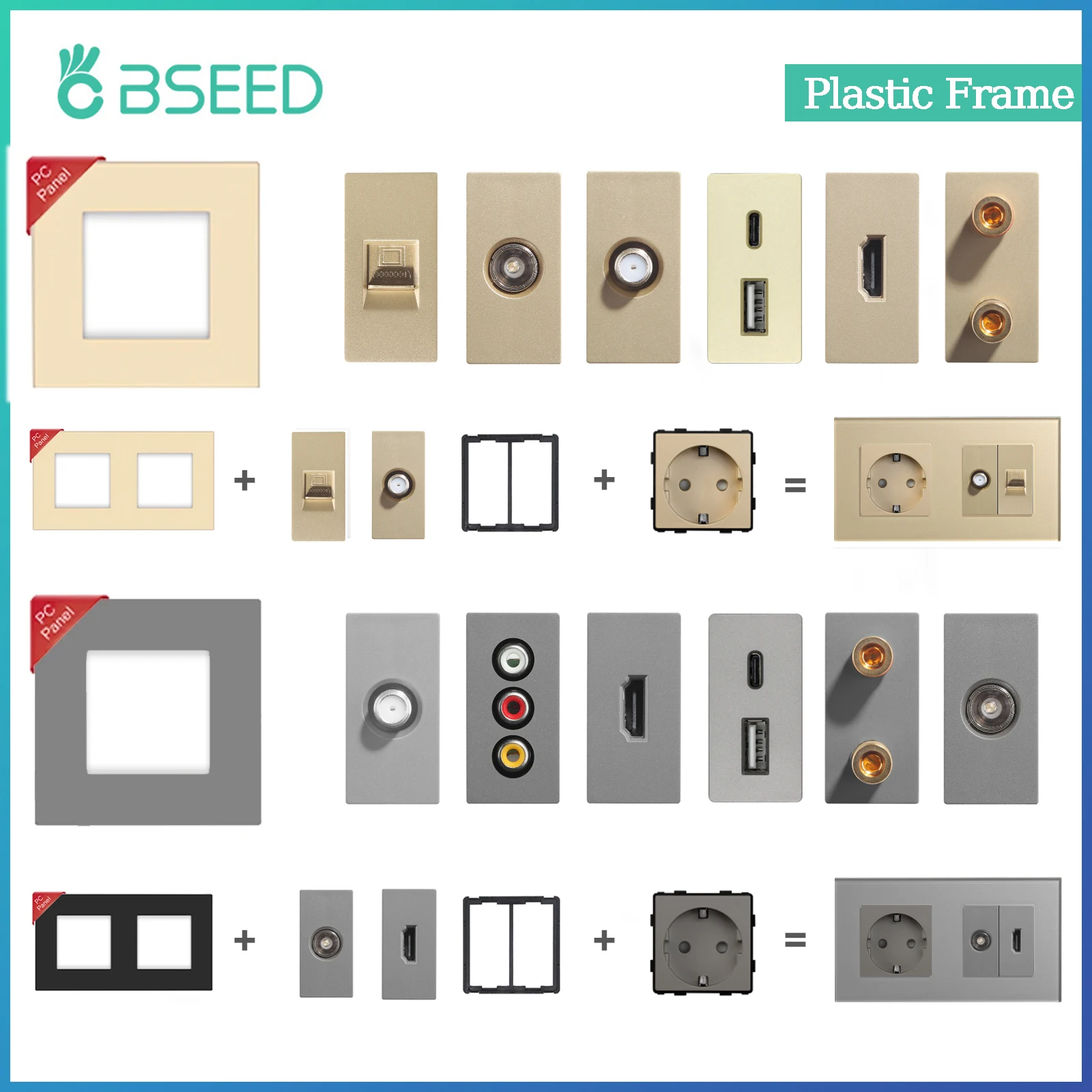 BSEED ซ็อกเก็ตผนังอินเทอร์เน็ต Cat6 ชิ้นส่วนกรอบพลาสติก USB Type-C พอร์ตชาร์จทีวีอินเทอร์เฟซ HDMI ฟังก์ชั่น DIY ส่วนฟรีผสม 1