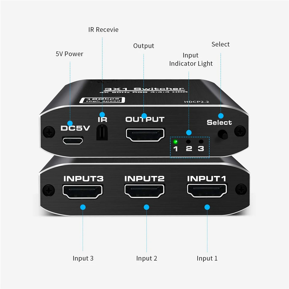 4K HDTV Splitter 3 In 1 Out 3-Port HD Switcher Selector HD Cable Supports Full H