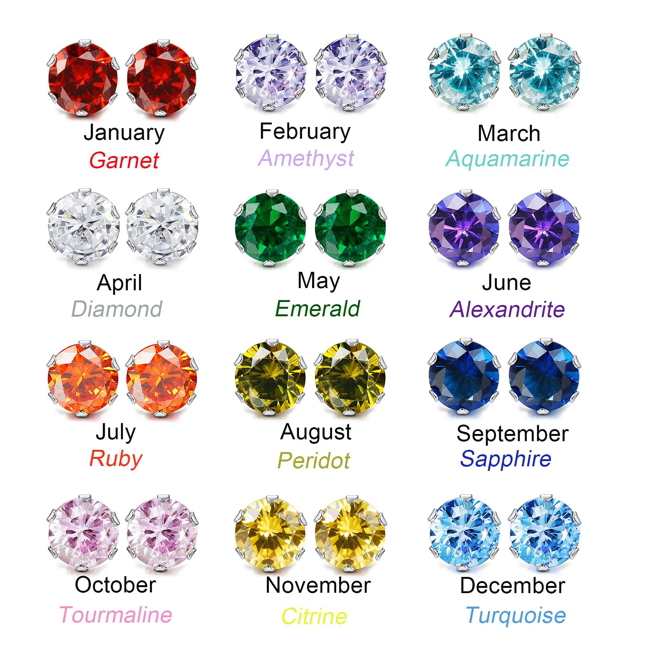 1-12 Pairs Stainless Steel Sparkling Brilliant Cut Round Cubic Zirconia Birthstone Stud Earrings for Women Men Size 3-8mm 3