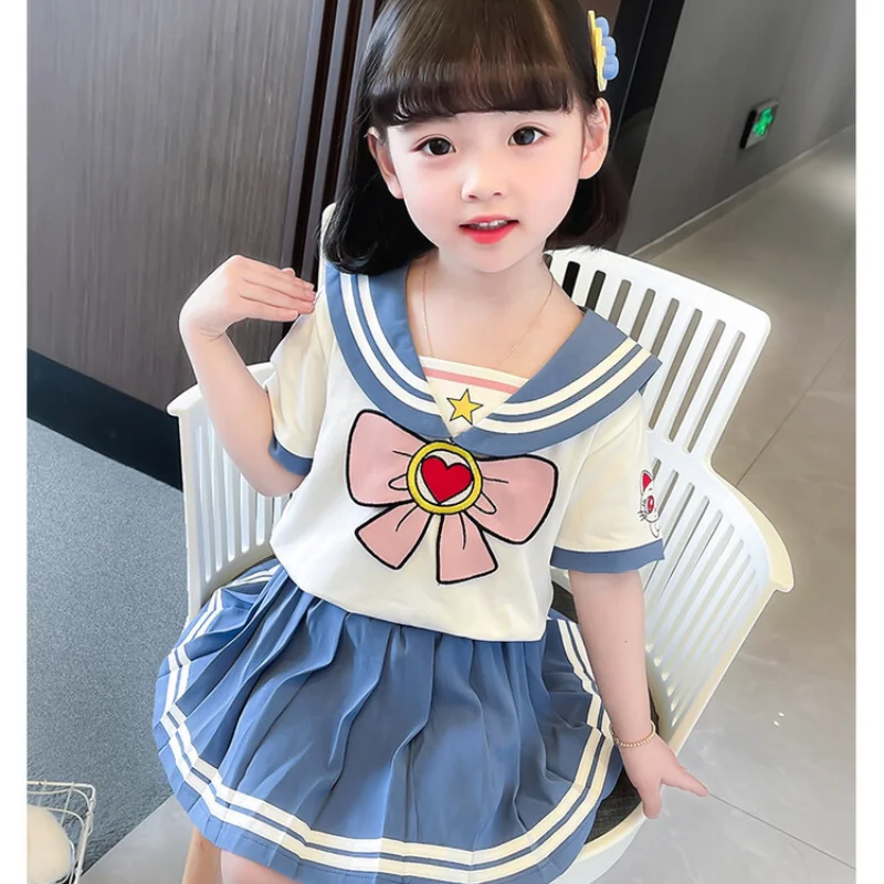 

Miniso Kawaii Academy Girls Jk Uniform Skirt Set Summer New Children's Pleated Skirt Navy Collar T-Shirt Skirt Birthday Present