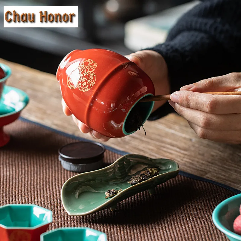 245ml Boutique Palace Red Glaze Art CeramicTea Caddy Household Tea Leaf Hermetic Pots Embroidered Art Hermetic Pots Accessories