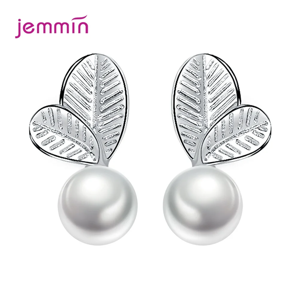 

925 Sterling Silver Cute Leaf Pearl Statement Stud Earrings For Women Girls Fashion Jewelry Wholesale