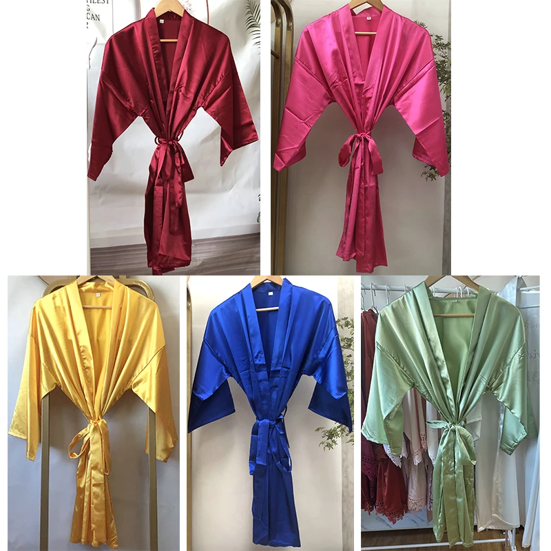 Silk Robe Bridesmaid Bride Short Satin Women Wedding Bathrobe Sleepwear Dressing Gown Plus Size Belt