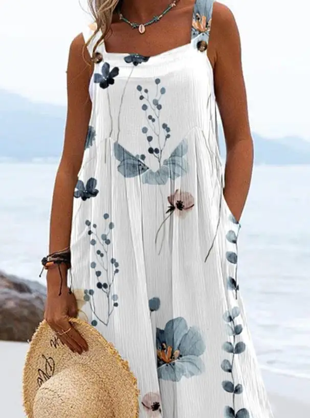 2024 New Summer Jumpsuits New Fashion Square Neck Floral Print Wide Leg Suspender Overalls Loose Rompers Daily Vacation Jumpsuit