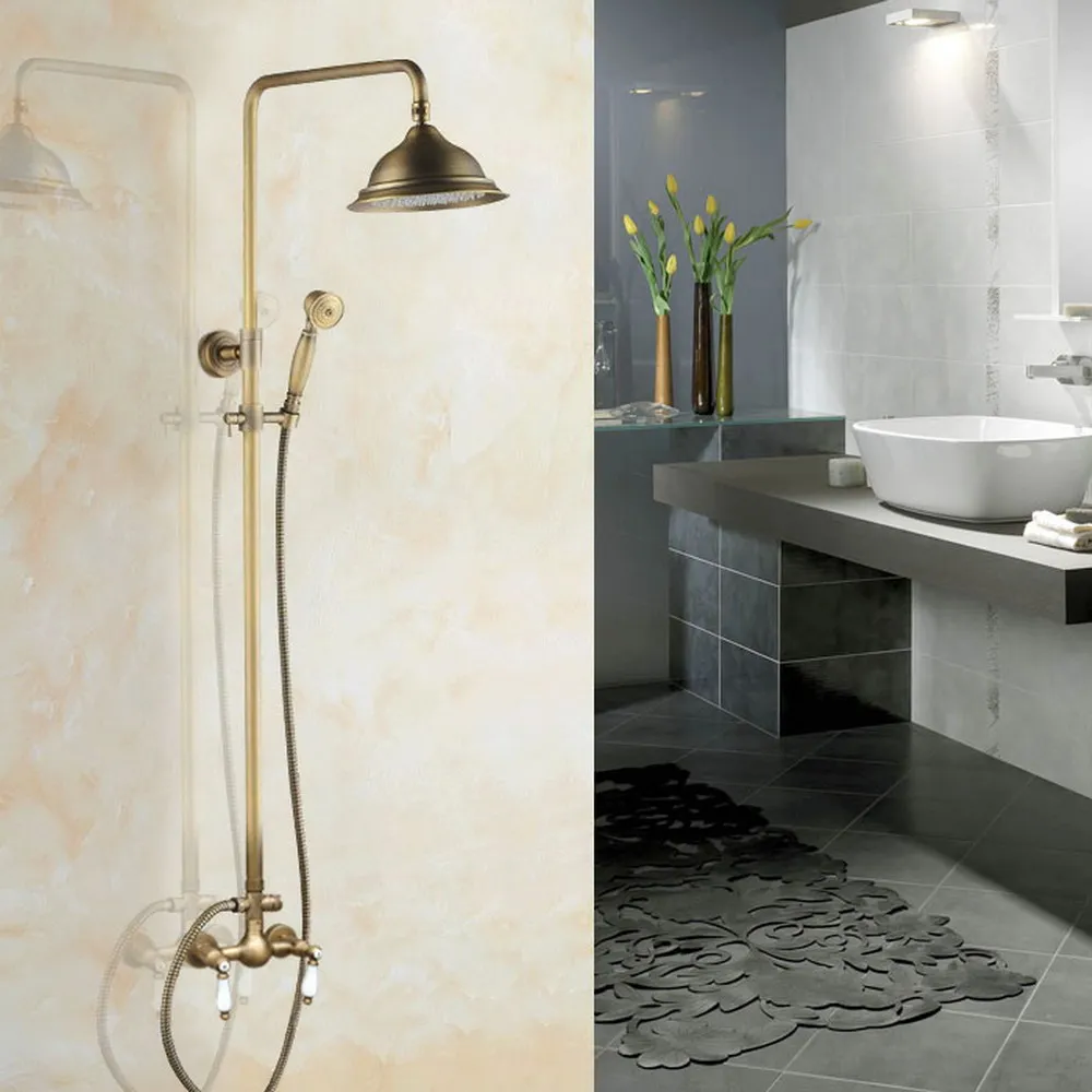 

Antique Brass Bathroom Rainfall Shower Faucet Set Double Handle Mixer Tap With Hand Sprayer Wall Mounted Bath Shower Sets zan111