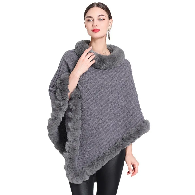 5 Colors New Loose Streetwear Poncho Cloak Winter Plaid Warm O Neck String Faux Rabbit Fur Women Pullover Cape Shawl Coat