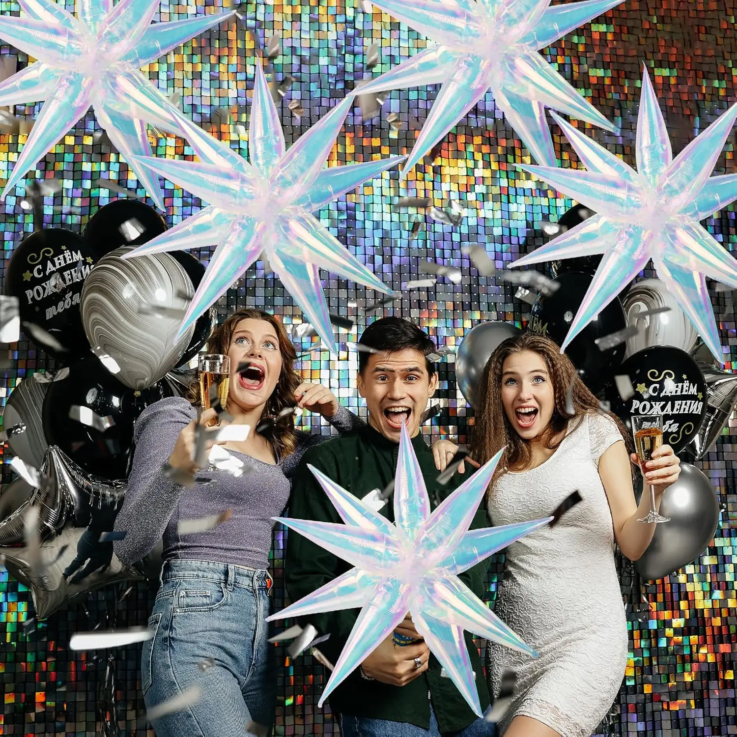 Black Purple Silver Star Balloon,6Pcs 22Inch Explosion Star Balloons And 10Pcs
