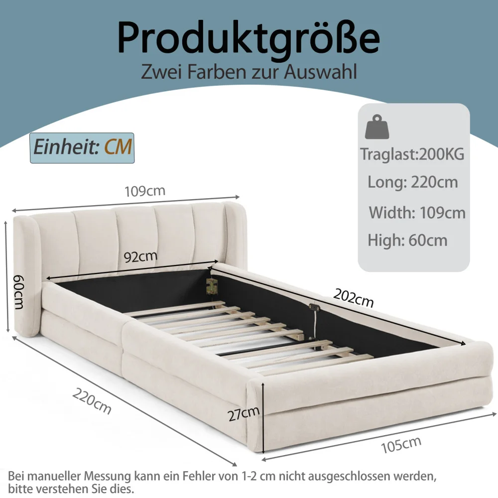 Einzelbett 90*200 cm, hautfreundlicher Chenille-Stoff, bequeme Rückenlehne, auch als Kinderbett geeignet, Beige (ohne Matratze) – Detail 7
