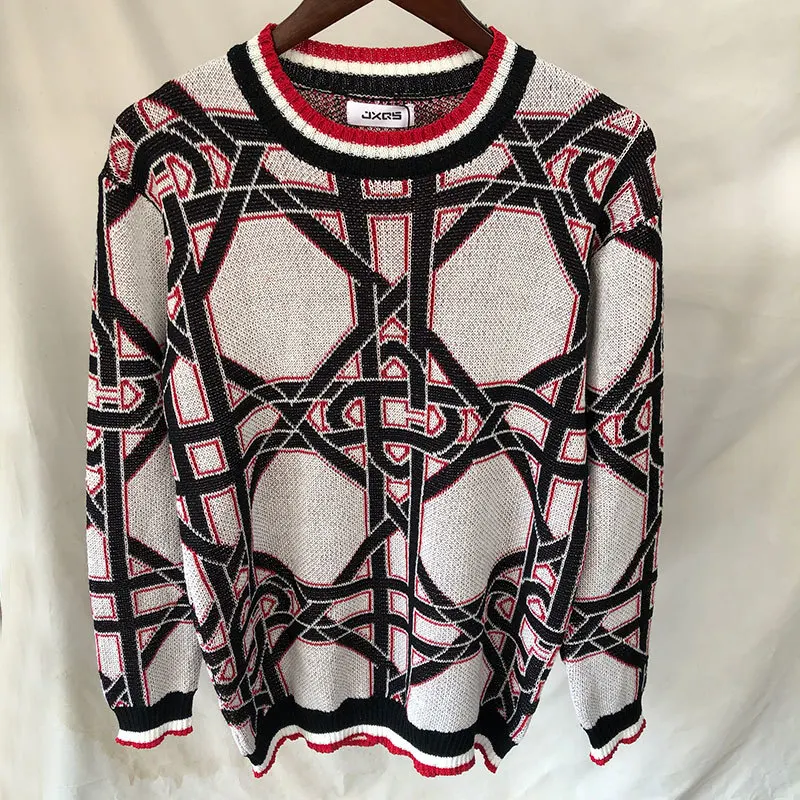 

Мужской облегающий трикотажный пуловер с длинным рукавом и контрастными геометрическими узорами