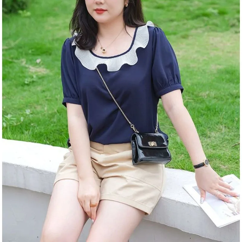 Minimalist Commuter Summer New Women's Blouse Contrast Color Spliced Ruffles Shirring Short Sleeve Elegant Loose Chiffon Tops