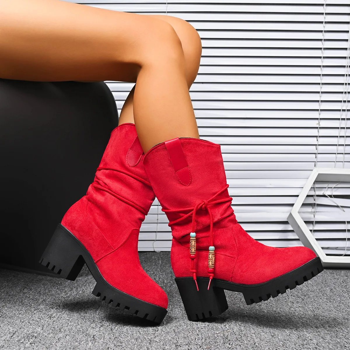 Women Boots Suede Platform Mid-Tubular Shoes Round Toe Sleeve Platform Anti-Slip Wear-Resistant Thick Heel Ladies' Fashion Boots