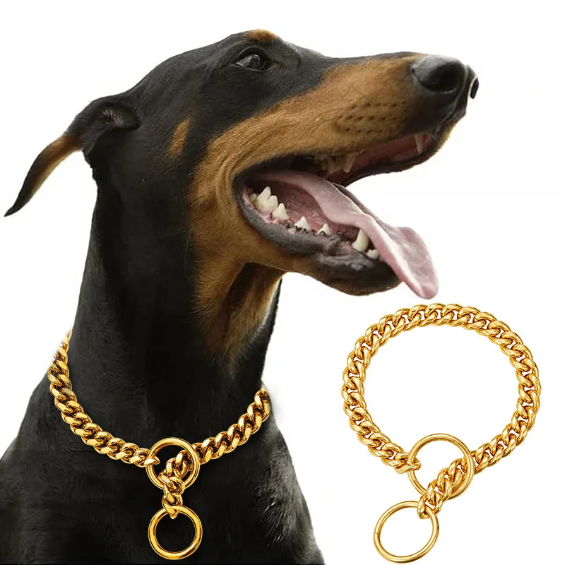 

10mm Durable Gold Stainless Steel Dog Collar With P Chain Dog Accessories Supplies Luxury Large Dog Collar 2023