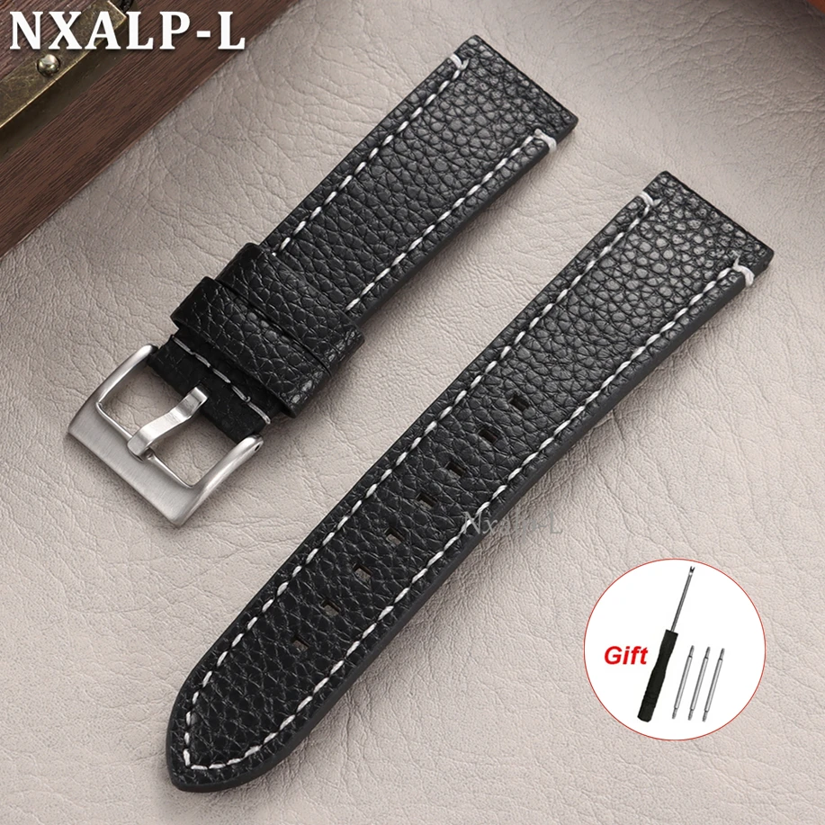Lychee Pattern Genuine Leather Watch Band with Stitching and Metal Buckle