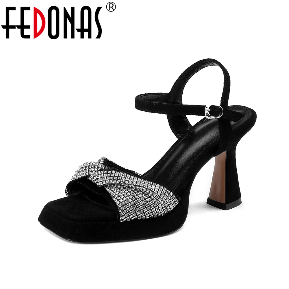 

FEDONAS 2024 Rhinestone Party Wedding Shoes For Women Suede Leather High Quality High Heels Summer Shoes Woman Sexy Pumps