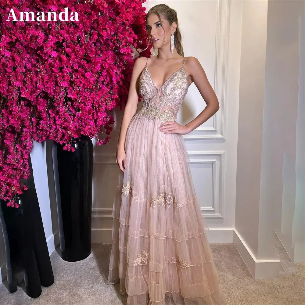 

Amanda Pale Pink Tulle Prom Dress Lace Embroidery V-neck فساتين سهرة سعودية Sexy Spaghetti Strap Backless vestido de festa noite