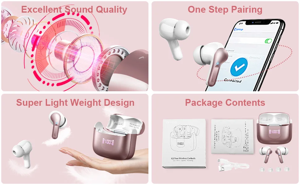 Wireless Earbuds, Bluetooth 5.3 Headphones Sports Headphones In Ear with 4 ENC Noise Cancelling Mic, 40H Playback , LED Display.