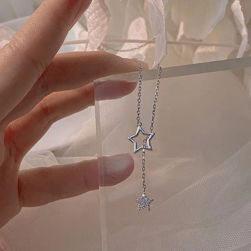 قلادة نجمة طويلة سلسلة الترقوة أنيقة وبسيطة فاخرة من الفضة النقية من خلال تصميم O-Link لا قلادة فضية متعددة الطبقات 21 سم -..