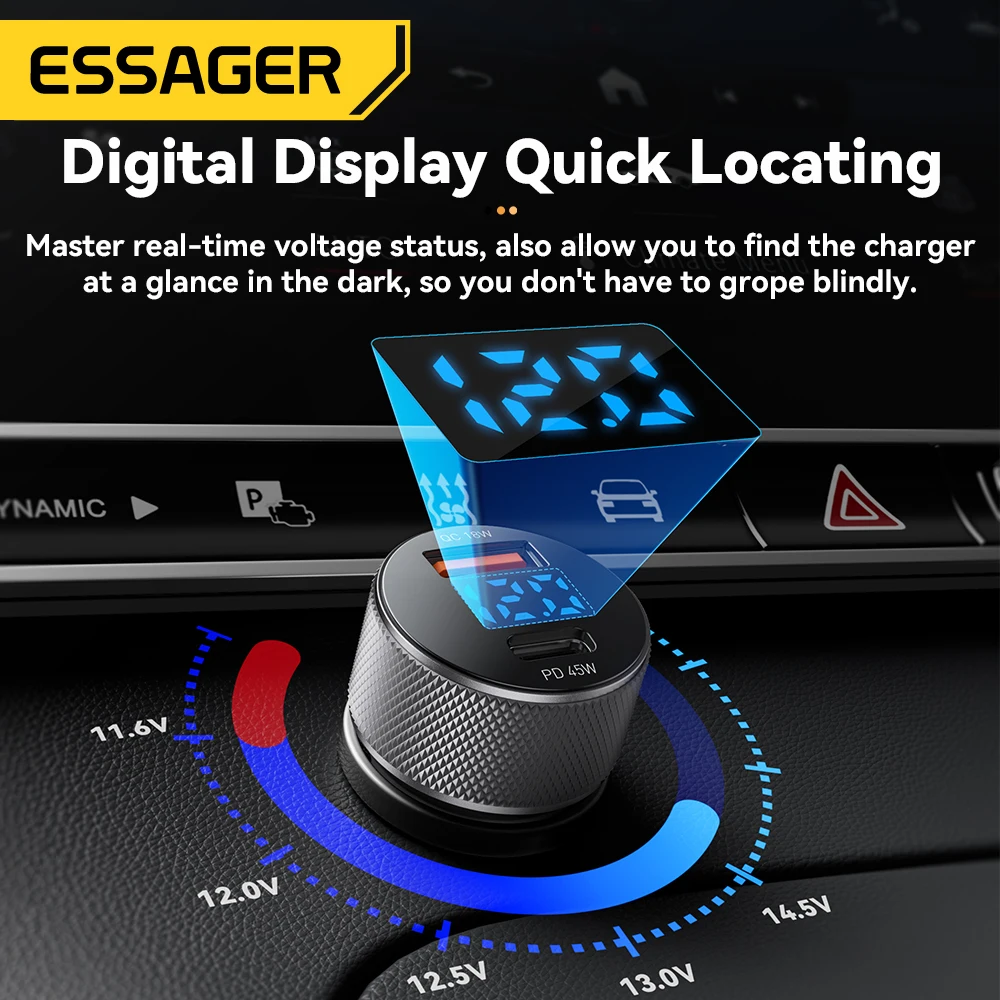 Essager USB C Car Charger 45W 2 Ports PD3.0 QC3.0 Digital Display Car Phone Charger For iPhone 16 15 Xiaomi Huawei Samsung OPPO