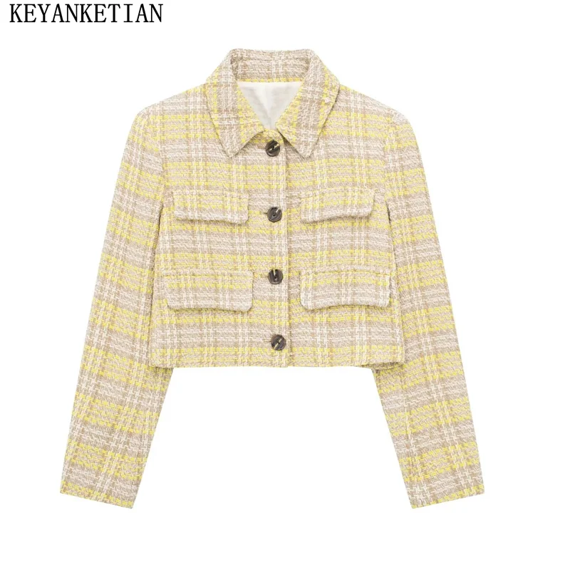 

KEYANKETIAN Nnew Autumn Women's Shag Short Plaid Coat Top Vintage Style Polo Collar Single Breasted Loose Pockets Outerwear
