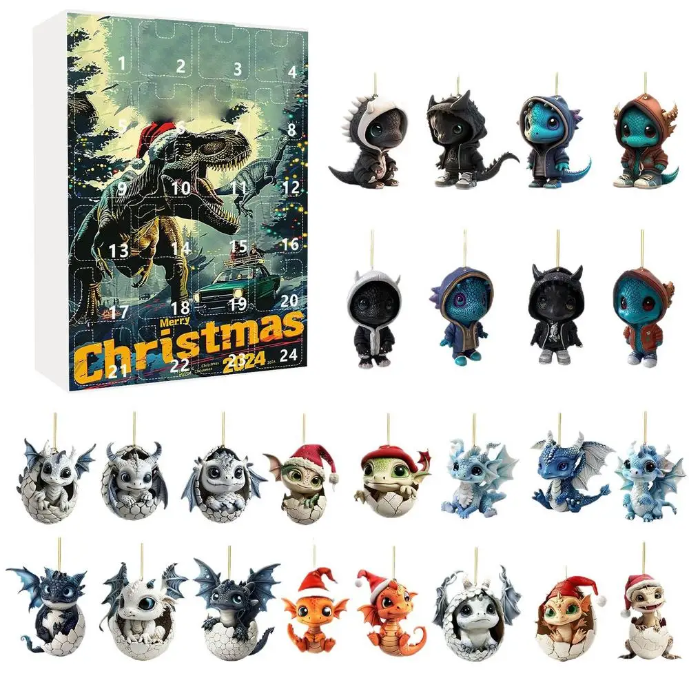 Calendario de Adviento de dragón Calendario de Adviento de 24 días Calendario de cuenta regresiva de Navidad Colgantes de bebé dragón acrílico 2D para árbol de Navidad Coche Hogar