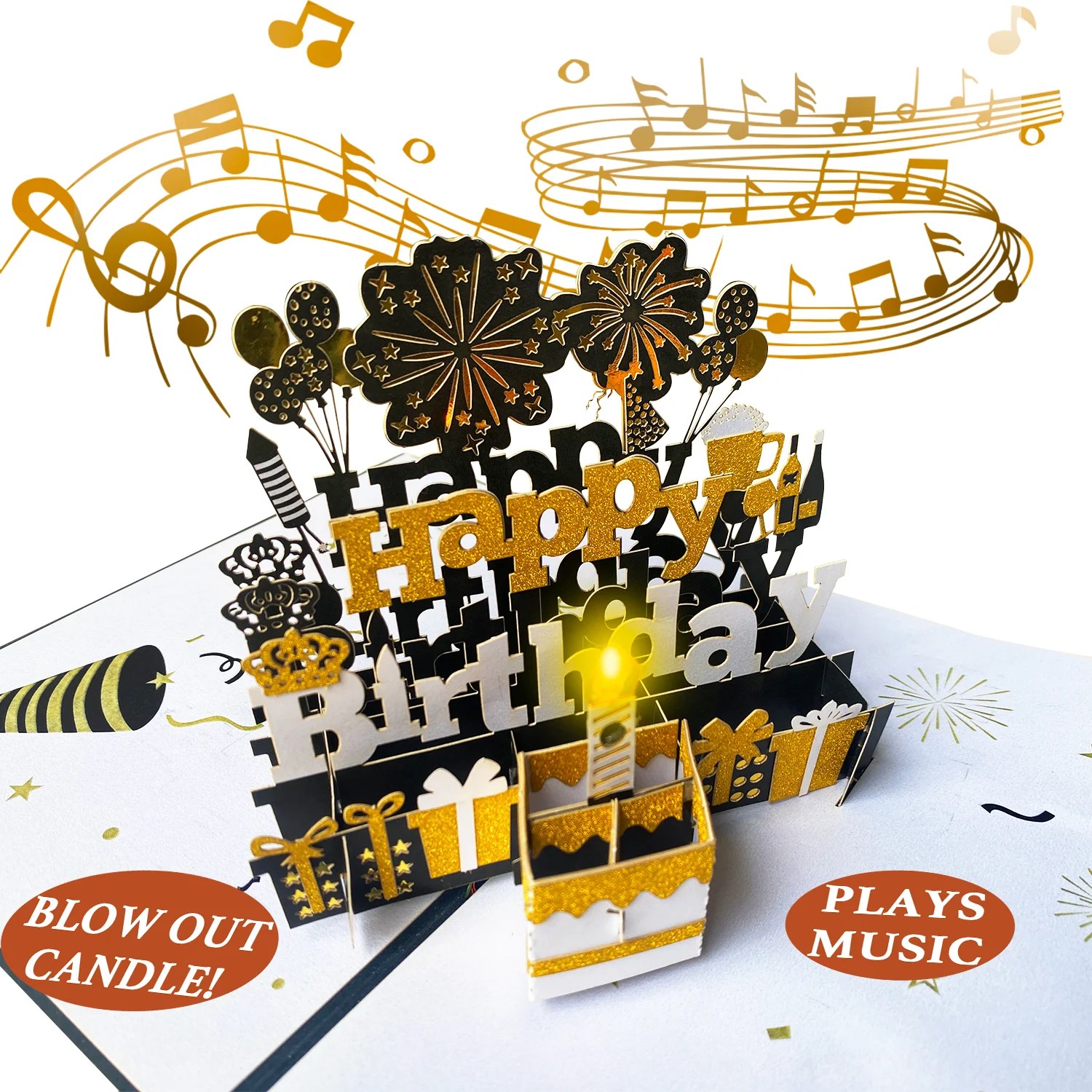 Carte 3D pop-up Happy Birthday noir et jaune