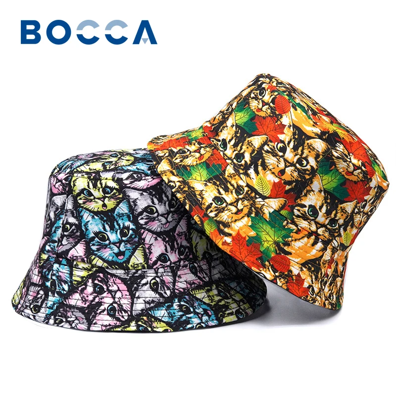 

Bocca Cartoon Bucket Hat Cat Print Panama Fisherman Hats For Men Women Double Sides 2023 Summer Outdoor Sunscreen Cap Gorras