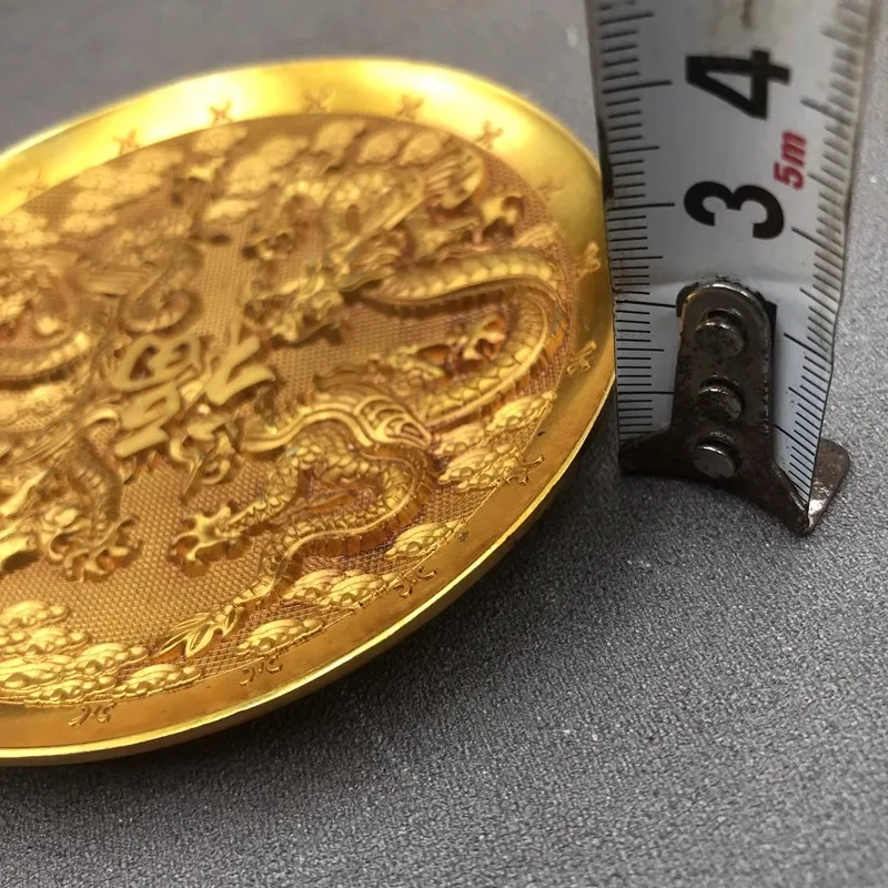 Antique Bronze Gilded Double Dragon Fuzi Plate Decorative Ornament 5