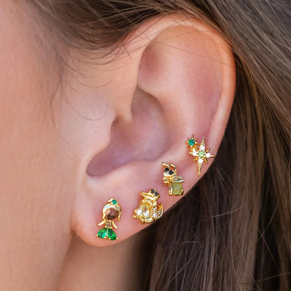 

Gold Plated 925 Silver Needles Fashion Green Cute Stud Earrings with Crystal Cubic Zirconia Earrings For Teens Women's Jewelry
