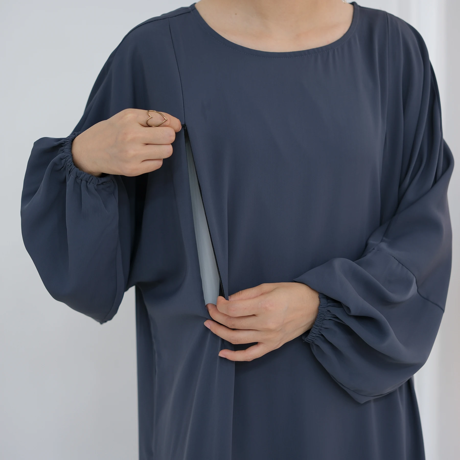Eid Abaya Muslim Women Dress Soft Nida Nursing Mother Abaya With Side Zippers for Islamic Women Puff Sleeves Breastfeeding Abaya - Image 6