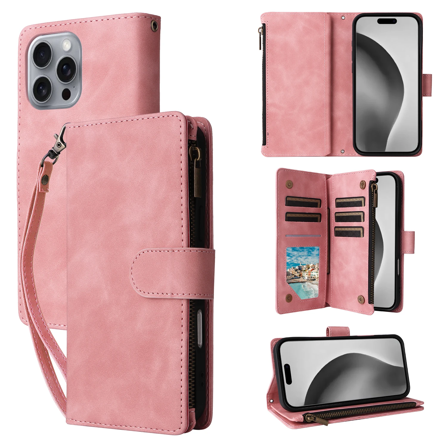 Premium Leather Wallet Case For iPhone 16 15 14 13 12 11 17 Pro Max Plus 17Air 16e Zipper Wallet Card Slots Magnetic Flip Cover