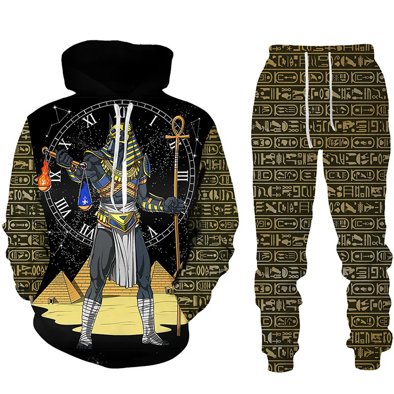 New Fashion 3D Printing Egyptian Pharaonic Elements Long Sleeve Hoodies Trousers Suits Tracksuit 2 Piece Set  Mens Clothes