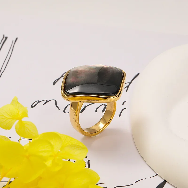Exaggerate Oversize Real Natural Abalone Shell Rings for Women Stainless Steel Gold Plated Opal Finger Ring Punk Jewelry Gifts