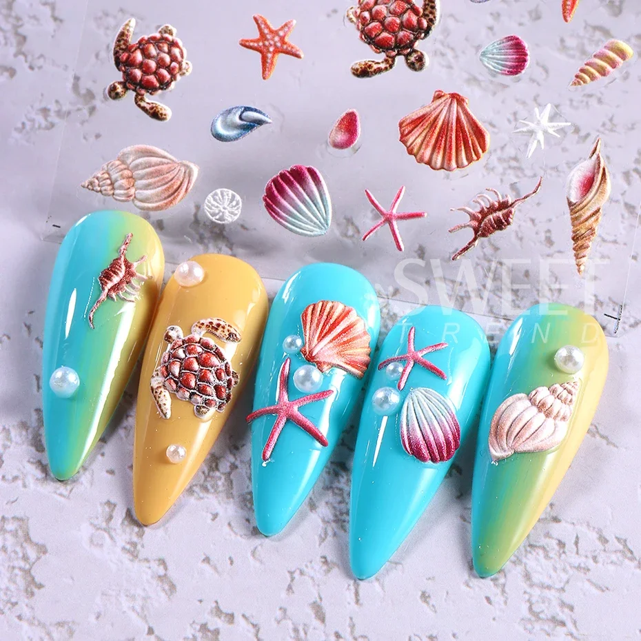 5D Summer Beach Nail Stickers Wave Shell Nail Decal Ocean Starfish Wave Nail Design Self-adhesive Nail Art Supplies Decoration