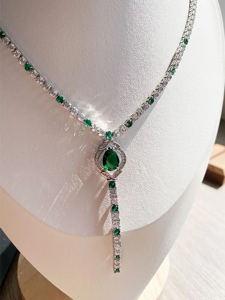 HOYON s925 Silver Diamond Crystal Emerald Women's Necklace Long Earrings Necklace Set for Wedding Party Jewelry Gift pendant necklace silver necklace