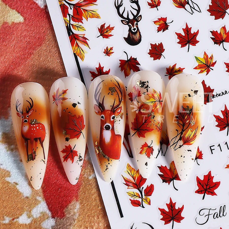 10pcs Autumn Winter Nail Stickers Maple Leaf Pumpkin Mushroom Flowers Self-Adhesive Nail Decals Thanksgiving DIY Manicure Decor